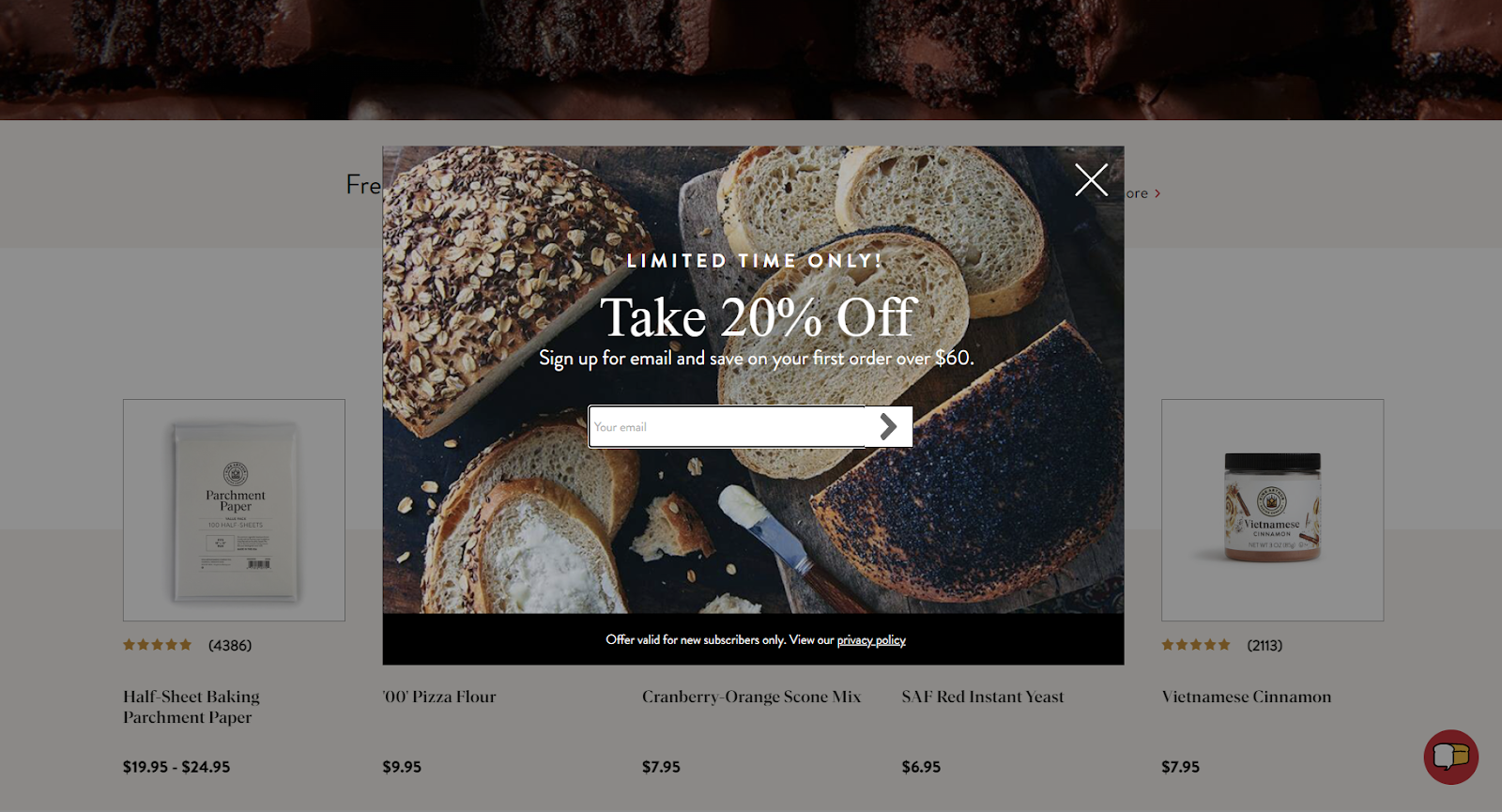 An example of a lightbox pop-up that offers 20% off for email signups.