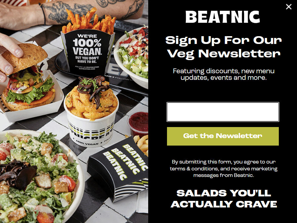 An example of a newsletter signup pop-up lightbox for Beatnic