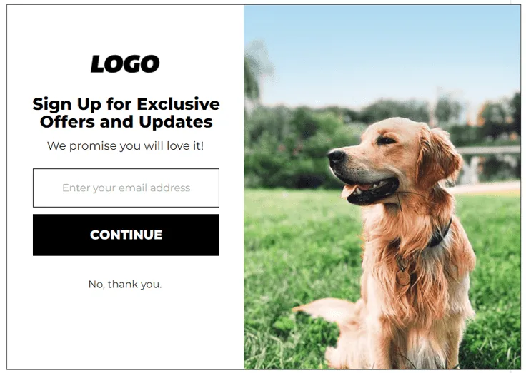 an email capture pop-up with a photo of a smiling dog