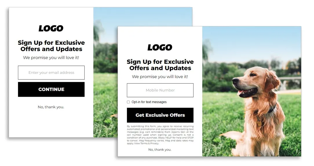 a multi-step pop-up with a photo of a dog on each page