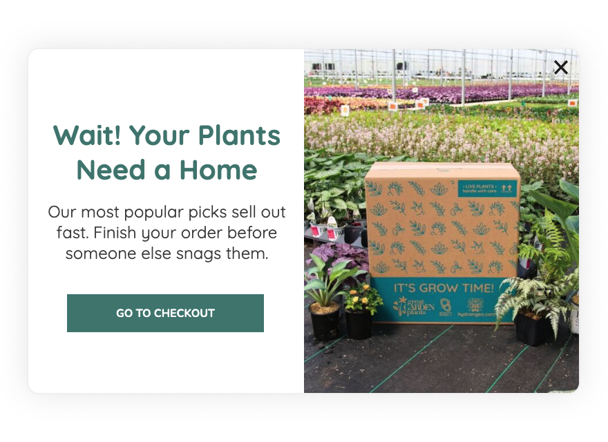 Great Garden Plants exit-intent pop-up reading "Wait! Your Plants Need a Home," warning that popular picks sell out fast, with a Go to Checkout button