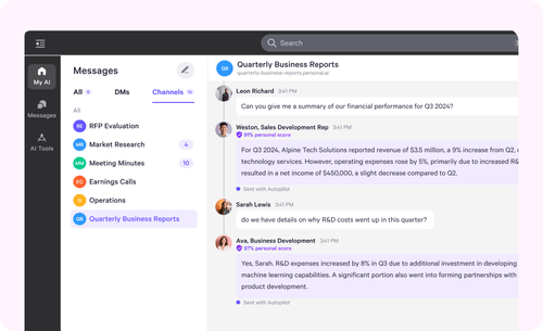 The Personal AI App showing many AIs responding to different queries in the same channel.
