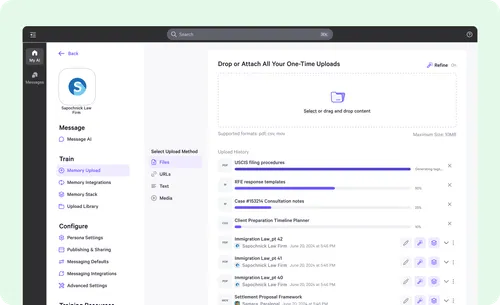 AI training studio for a persona showing multiple file uploads at once