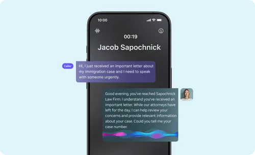 A mobile phone showing a phone conversation between a caller and an AI receptionist for a law firm.