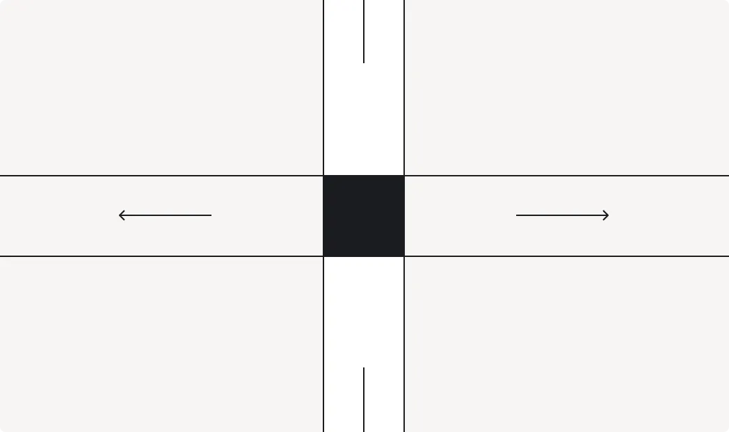 Diagram of a black square center with four arrows pointing outward in up, down, left, and right directions on a white and light grey grid.