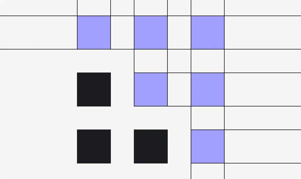 Grid of rectangles with black and purple blocks arranged in columns and rows on a light gray background.