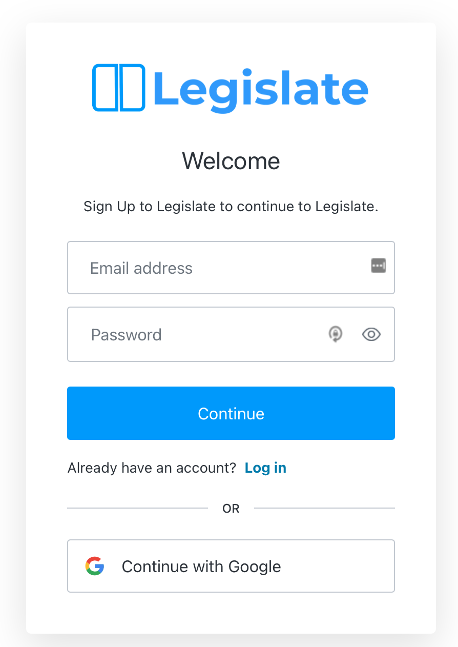 A screenshot of the Legislate regristration page
