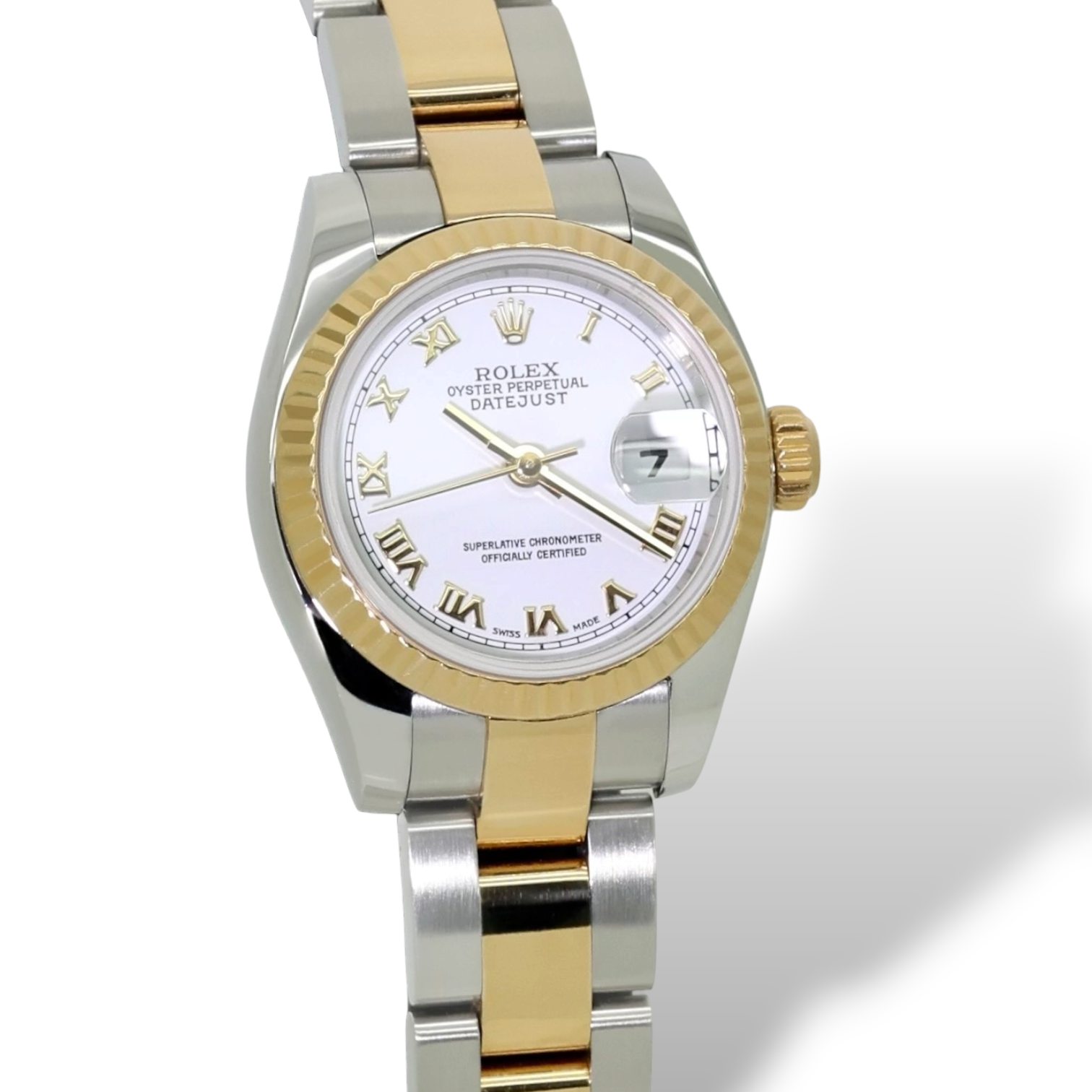 Lady-Datejust Geriffelte Lünette Weißes Römische Blatt Stahl/Gelbgold — Imagen 2 de 5