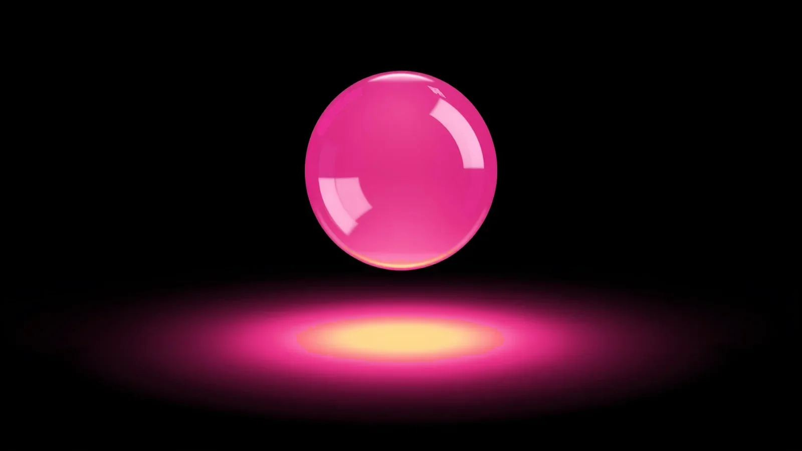 Pink glass orb rising above a glowing pool of light on a black background.