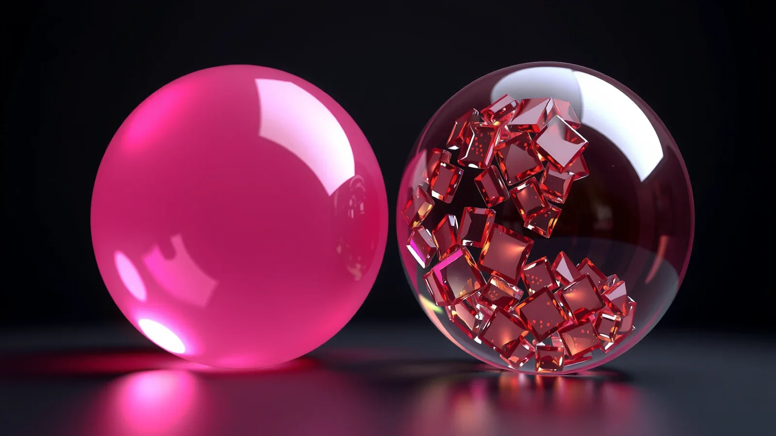 Two spheres on a black background: one solid hot pink, one clear with pink glass cubes.