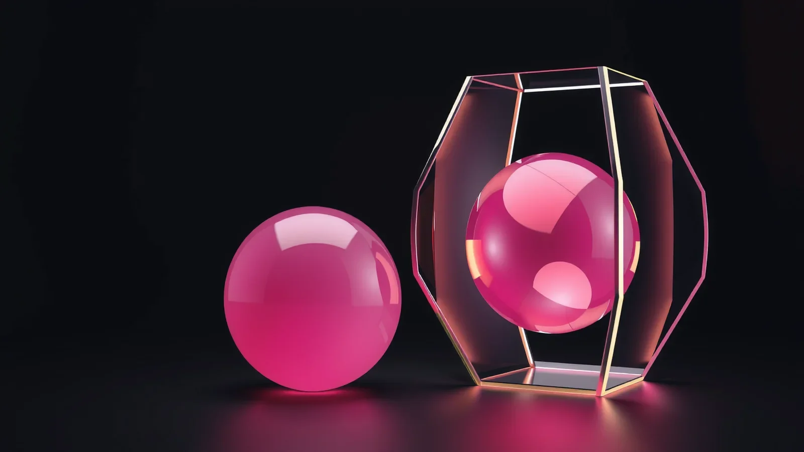 Two pink glass spheres, one held within a geometric frame against a black background.