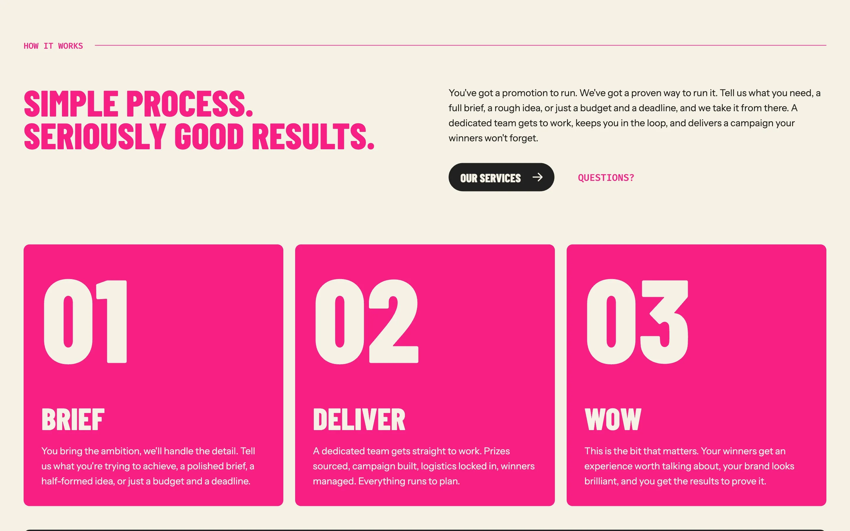 Prize Professionals services page listing fulfilment services