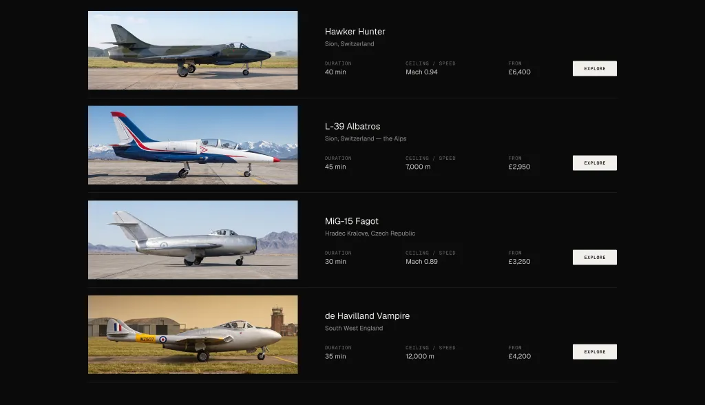 Jetify list of fighter jet flights by aircraft