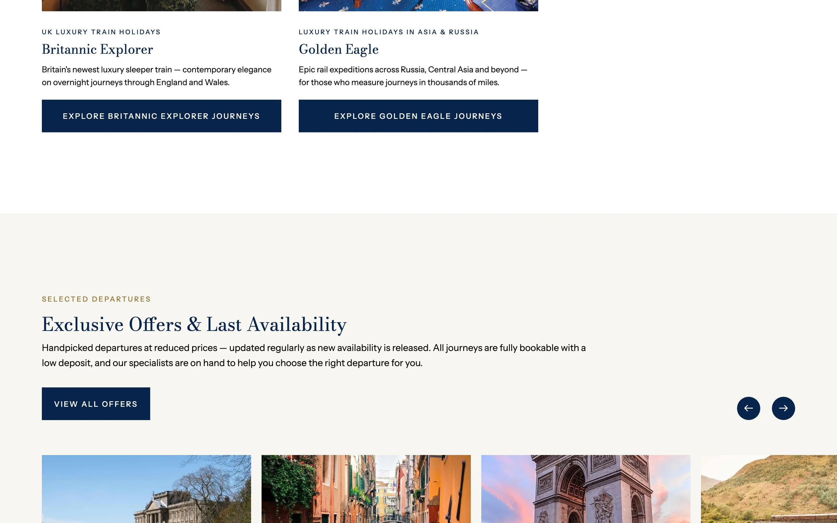 LuxuryTrainTickets.com journey page showing itinerary, cabins and dates