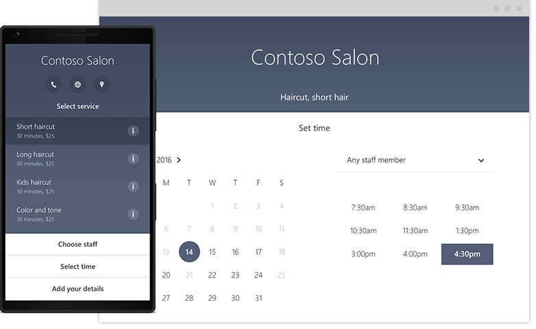 Microsoft Bookings exemple contoso salon