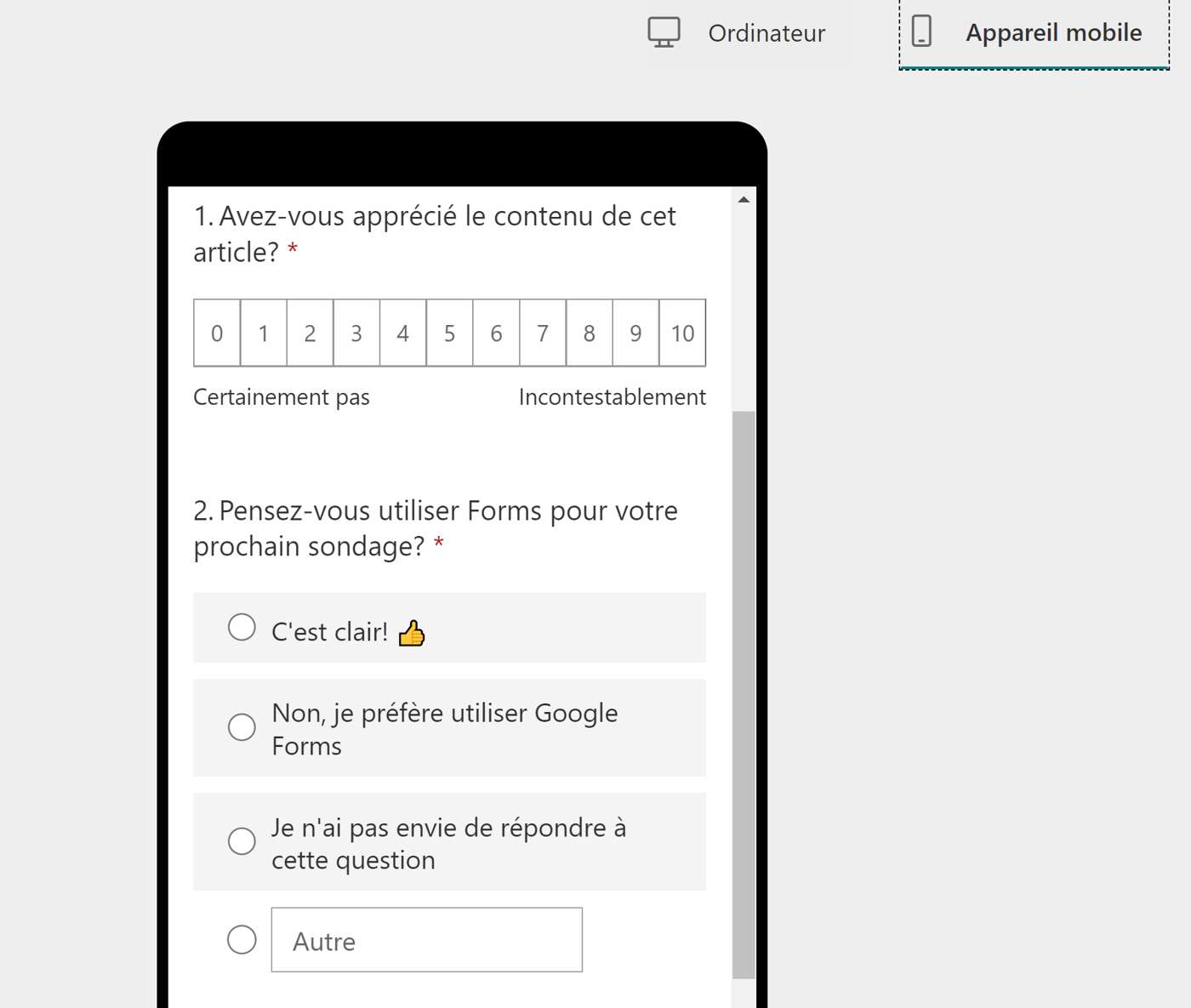 Apercu Microsoft Forms Mobile