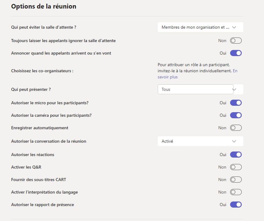 options réunion teams