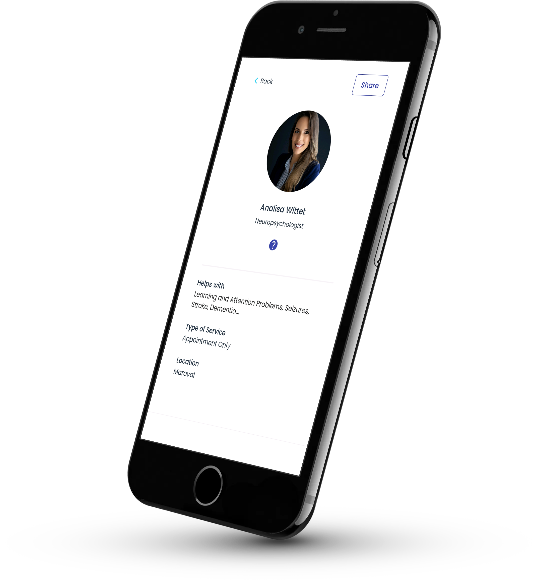 Image of mobile profile for Iviey practitioners, with image, profession, title, location and services.