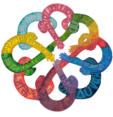 illustration of group putting hands in, portraying solidarity and diversity