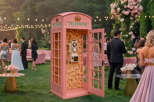 Cabina telefónica rosa London Booth Selfriends en una boda al aire libre