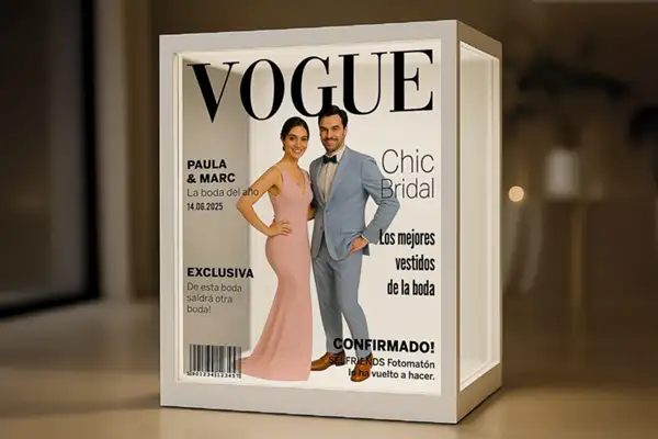 Invitados posando en el Magazine Booth de Selfriends con diseño de portada de revista y luz editorial profesional.