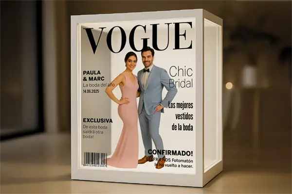 Invitados posando en el set Magazine Booth de Selfriends con portada estilo Vogue