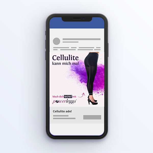 Referenz der Facebook ad für die Firma powerleggs Cellulite kann mich mal