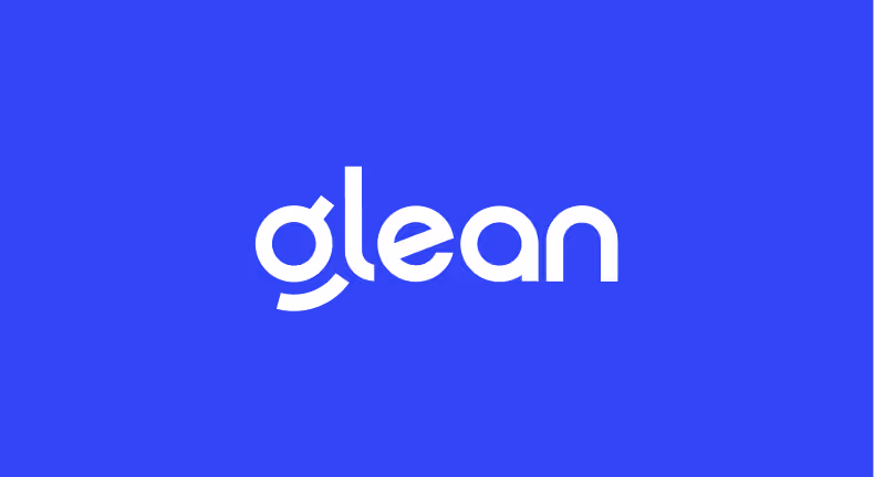 White text spelling 'glean' on a solid blue background.