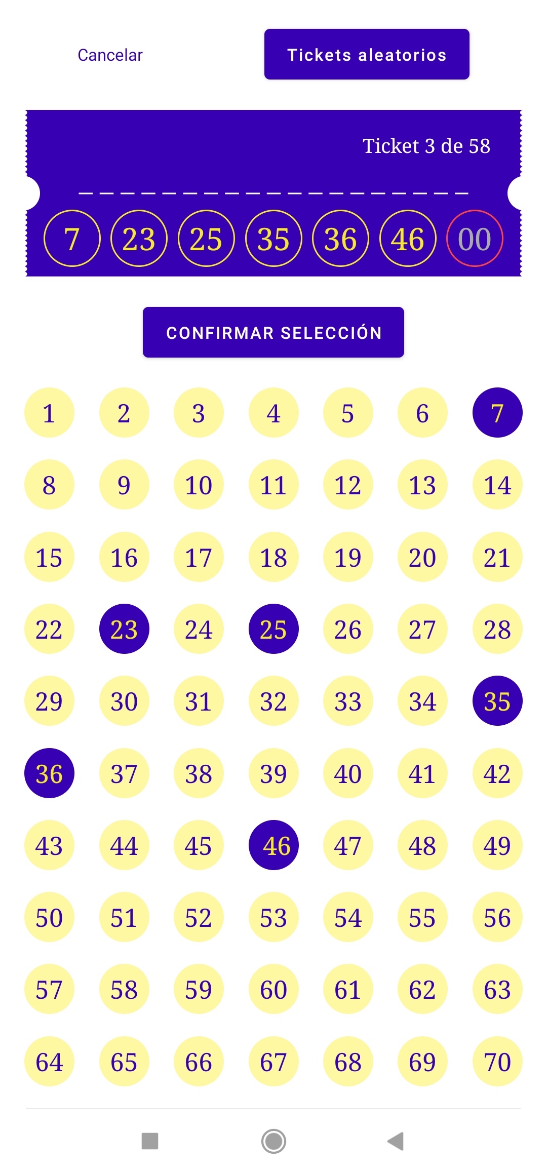 Selección de números tickets LotoBank