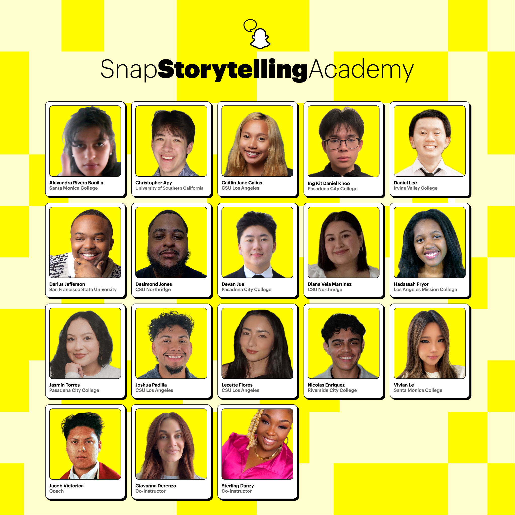 Headshots of the 18 Snap Storytelling Academy students