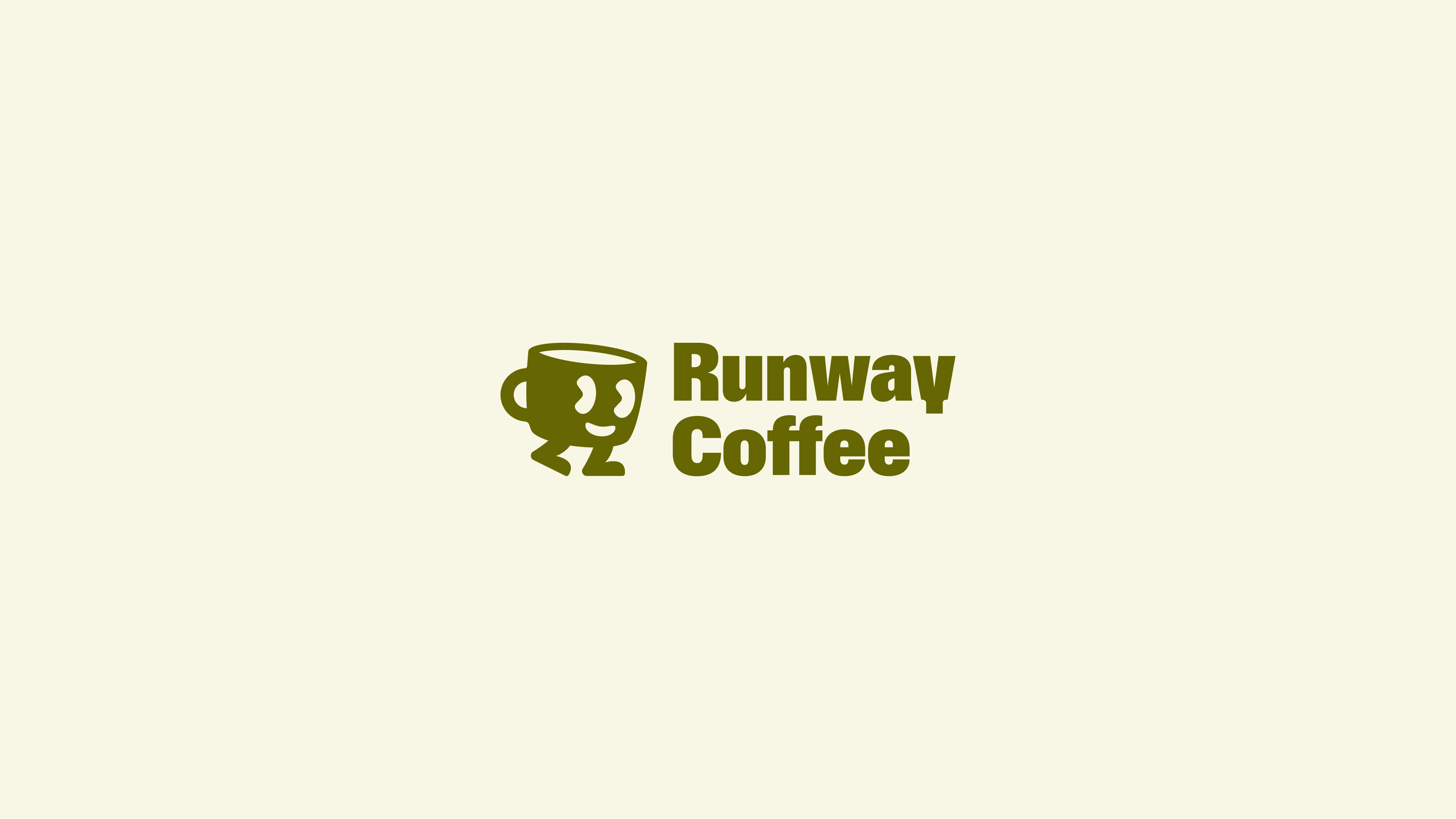 Logo featuring a walking coffee cup with eyes and smile next to the bold text 'Runway Coffee' on a light beige background.