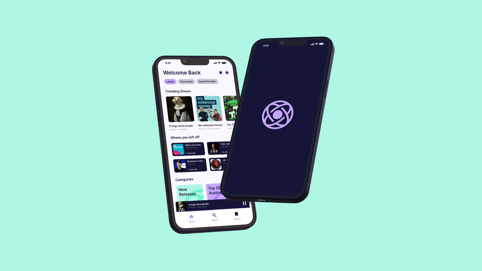 Abstract purple circular emblem with intertwined curved lines and a central circle on a dark blue background.