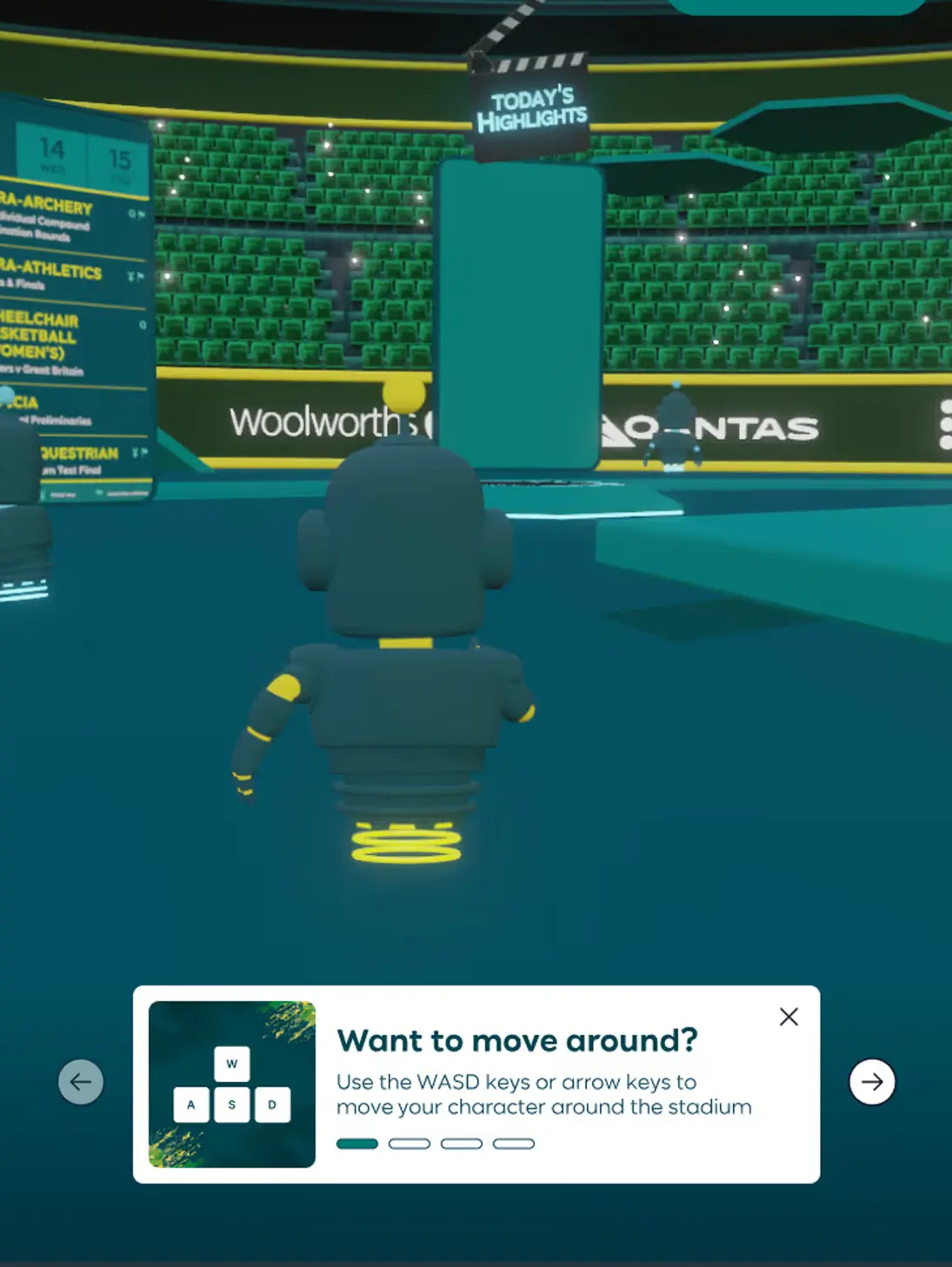 Virtual stadium scene showing a blue and yellow robot character from behind with a pop-up tutorial instructing how to use WASD or arrow keys to move around.