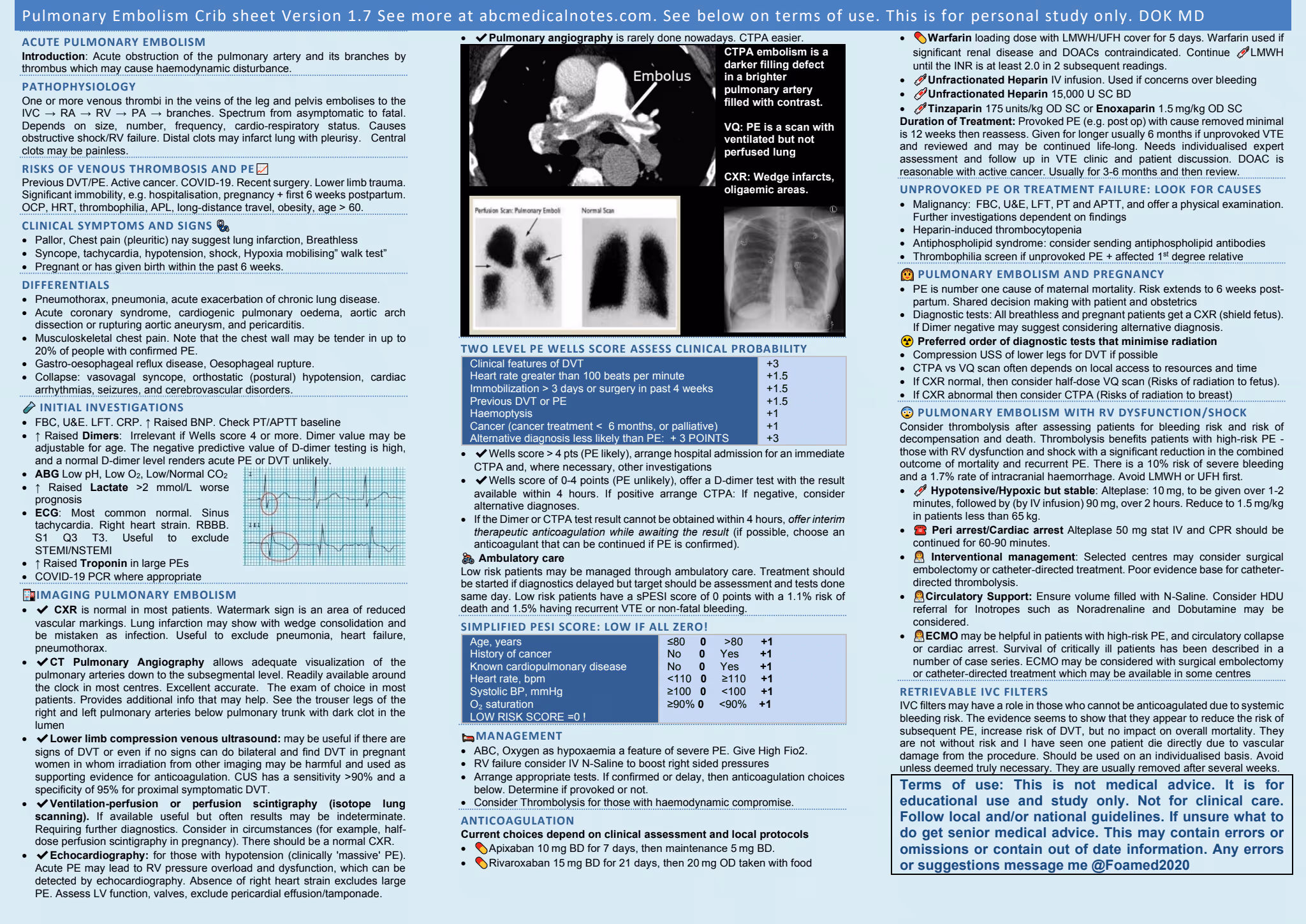 Pulmonary embolism crib sheet