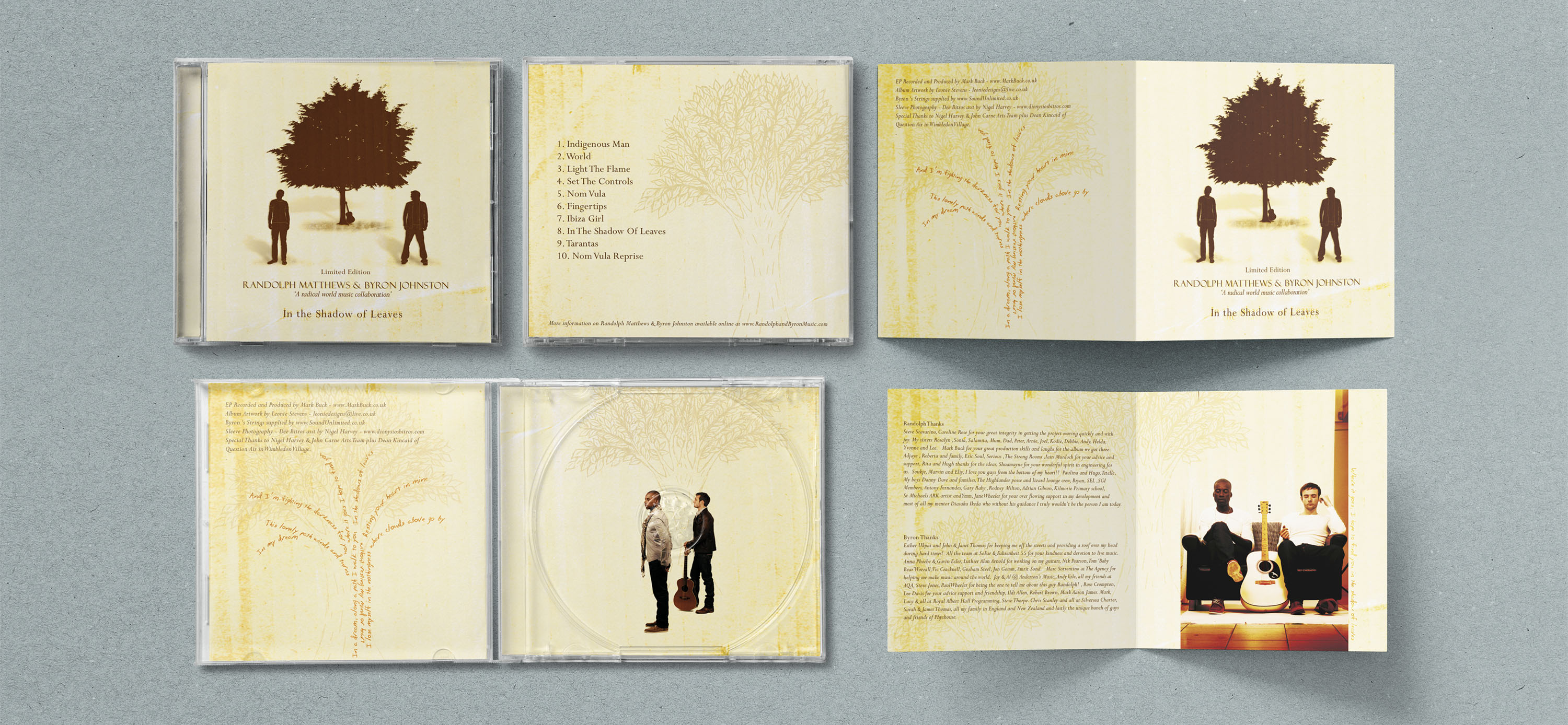 Layout showing all artwork variations of the album: front and back covers, CD tray, and front, back, and centre pages of the booklet.