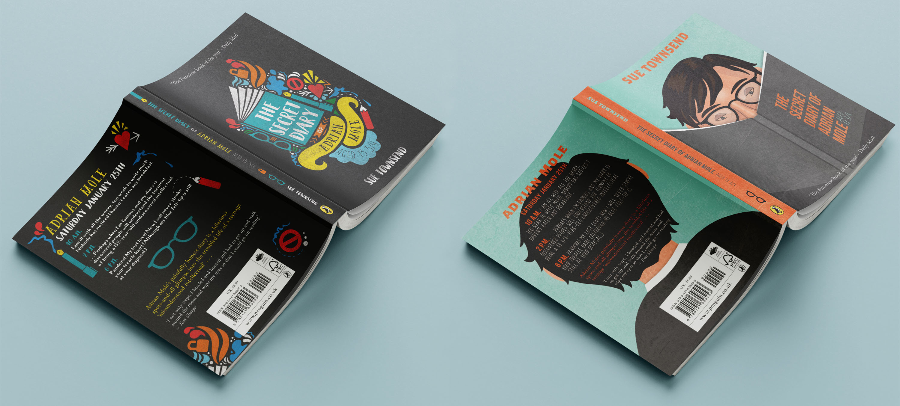 Two open books face-down, showing front, back, and spine. One has a geometric diary with colourful elements; the other shows a boy’s face with glasses, partly covered by a grey diary.