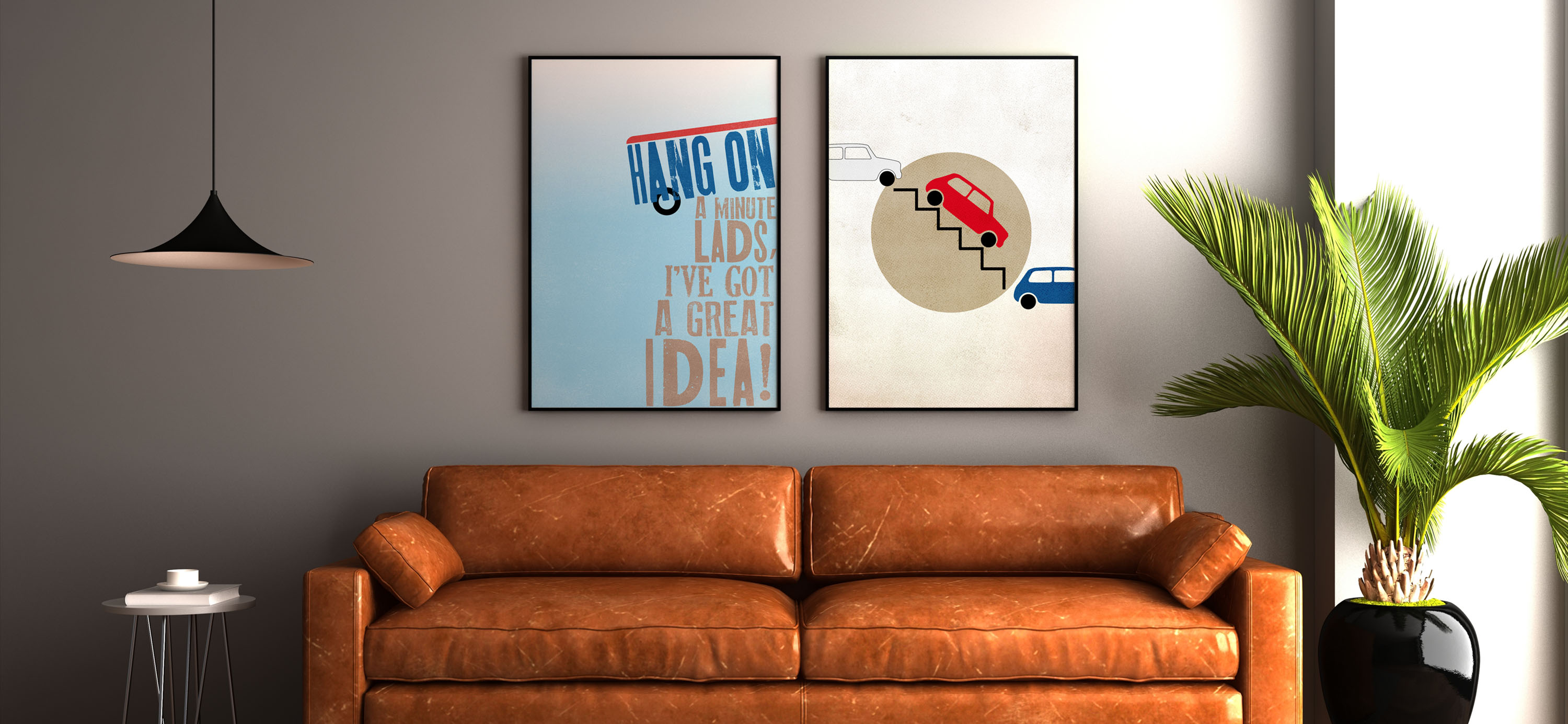 Two framed minimalist posters above a brown leather sofa with a nearby plant. One shows an Italian Job quote shaped like a coach on a cliff edge; the other depicts three Minis descending a zigzag staircase with a tunnel.