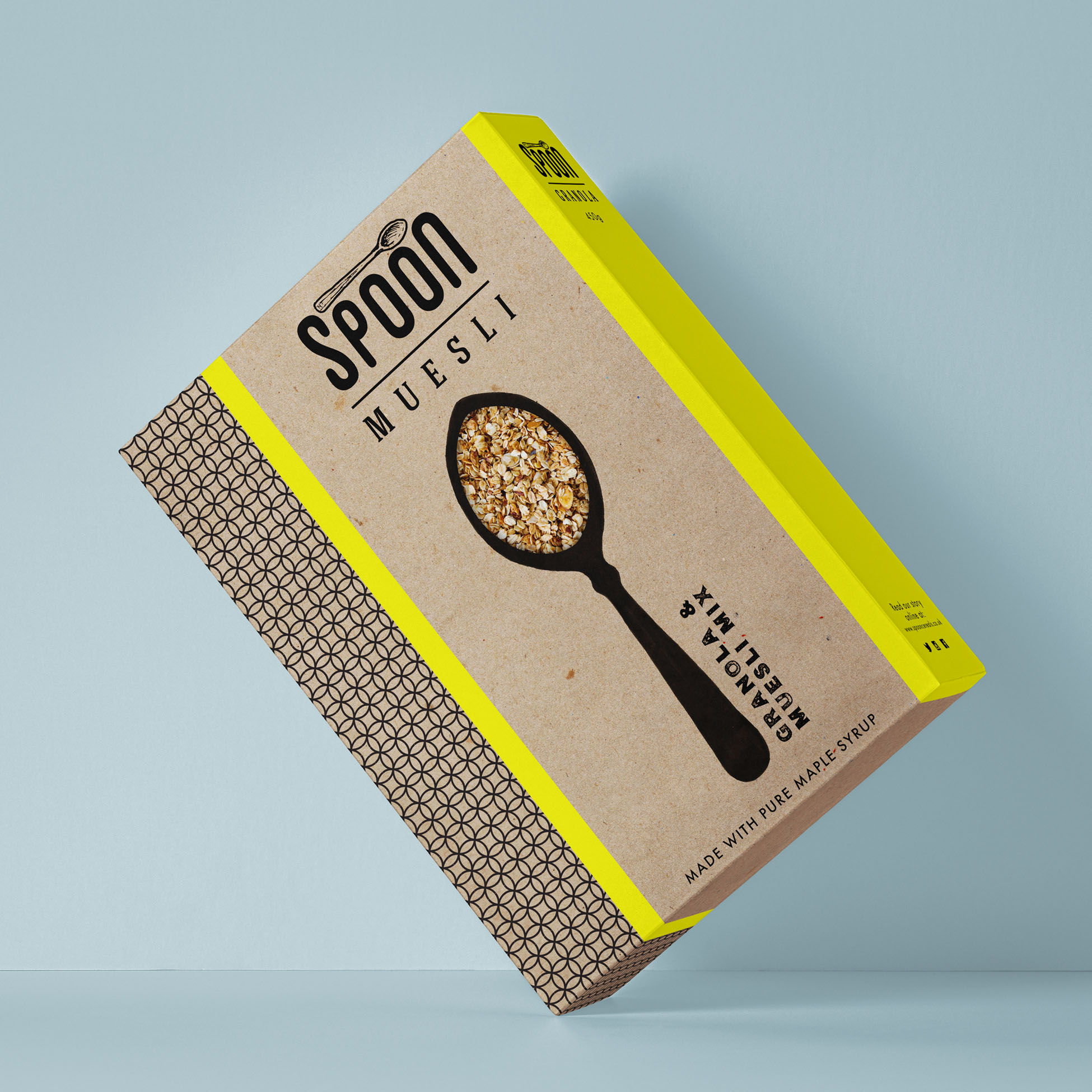 Spoon muesli packaging on a surface, with kraft background, circular geometric pattern, neon yellow accents, hand-drawn spoon detail with cut-out window.