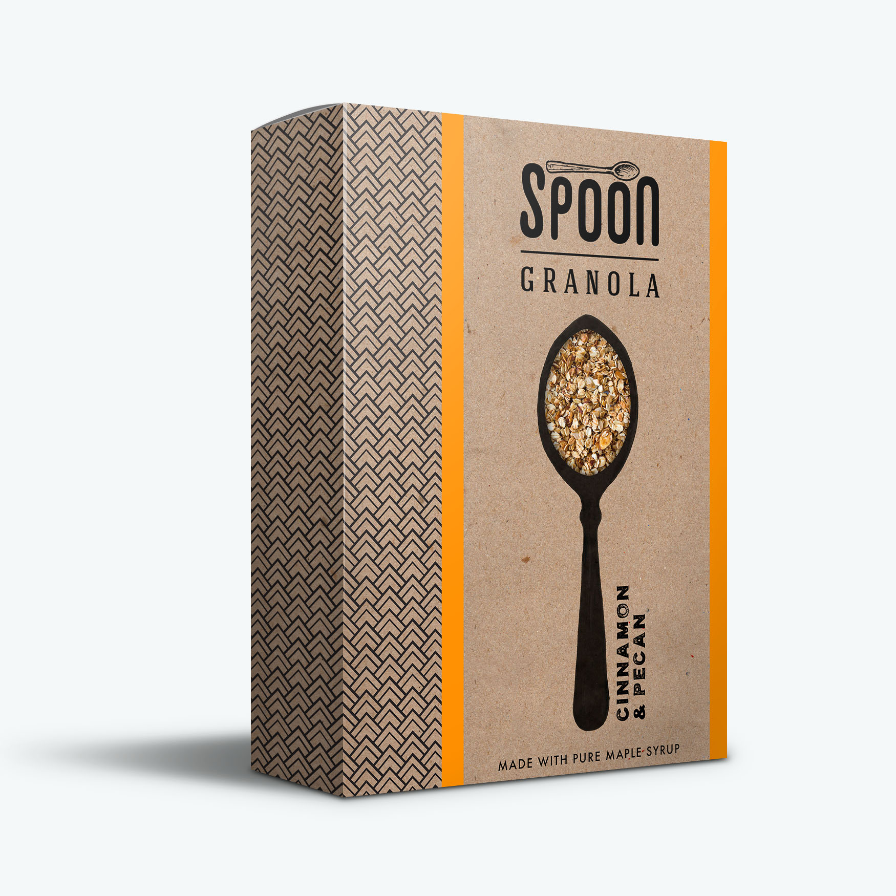 Spoon Granola cinnamon and pecan flavour packaging on a surface, with kraft background, diamond geometric pattern, neon orange accents, hand-drawn spoon detail with cut-out window.
