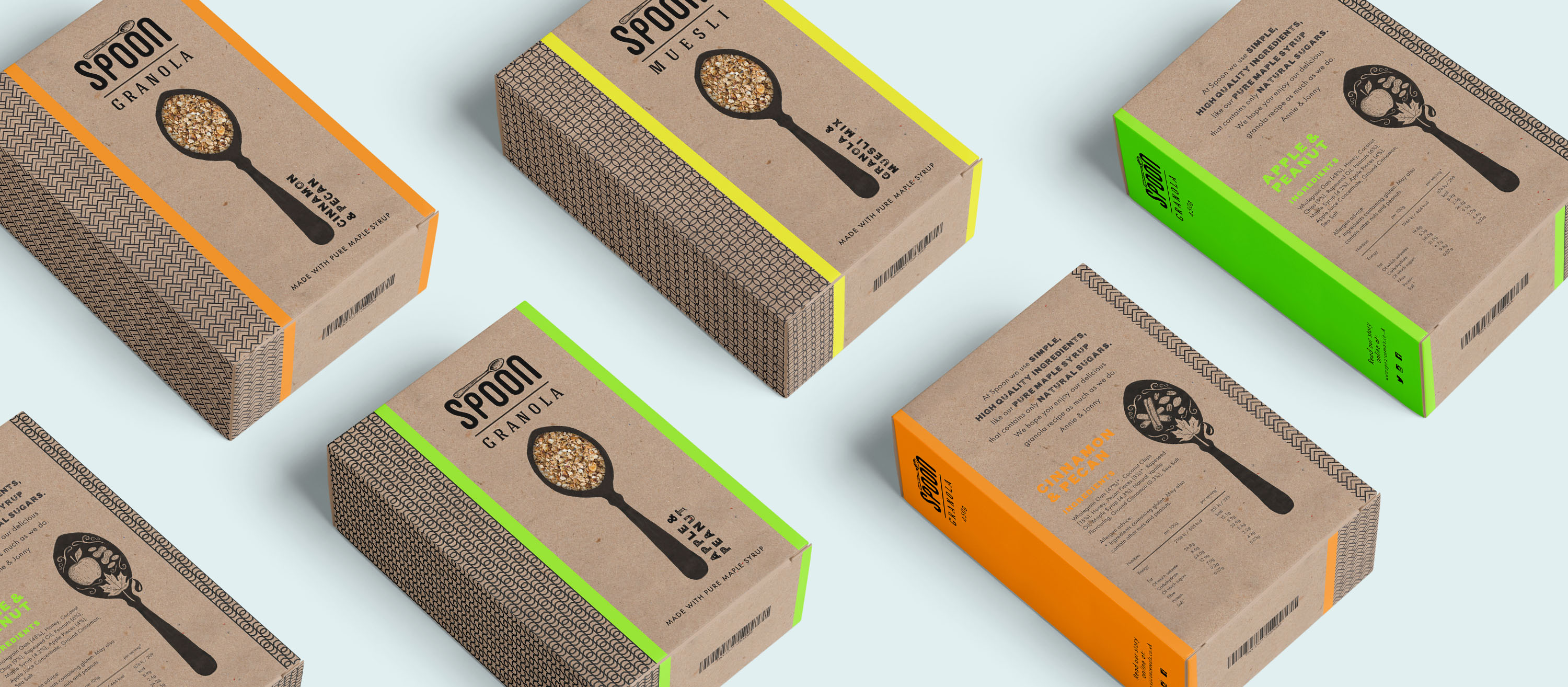 Spoon cereal packaging designs in a diagonal grid, showing front and back views. Backs feature product details and illustrated spoon silhouettes with cut-out style ingredient motifs.
