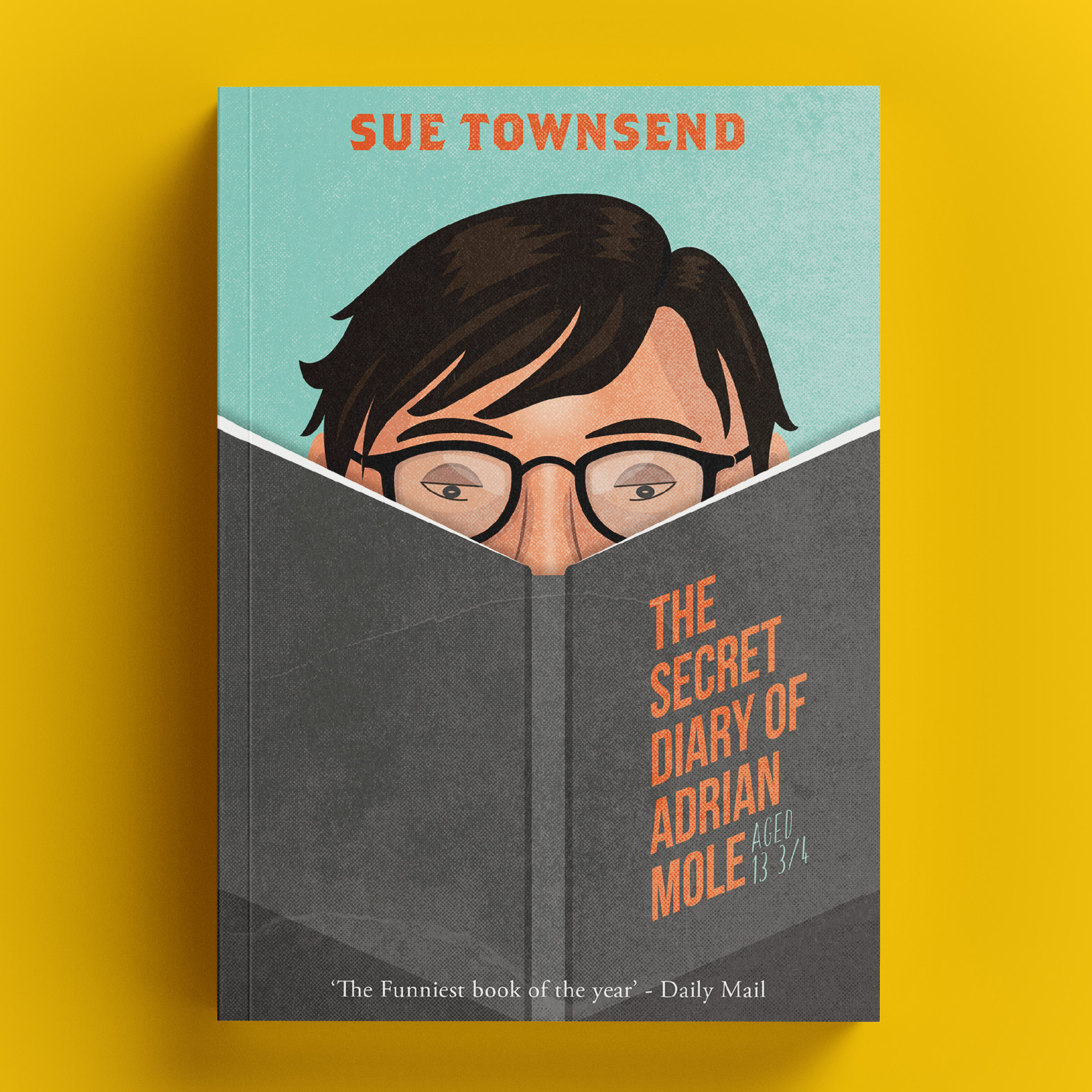 Book cover design on a yellow surface, showing the face of a dark-haired boy wearing glasses on a turquoise background, partially obscured by a grey diary with the book title written in orange.
