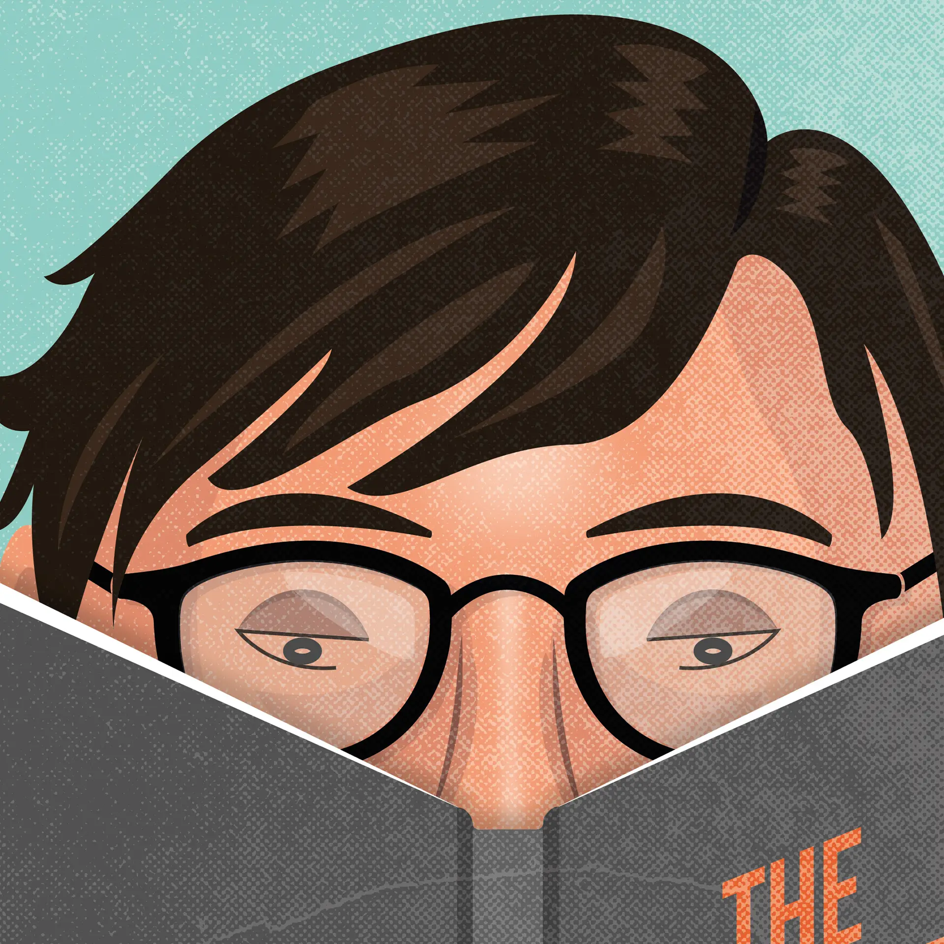 Close-up detail showing the face of a dark-haired boy wearing glasses on a turquoise background, partially obscured by a grey diary.