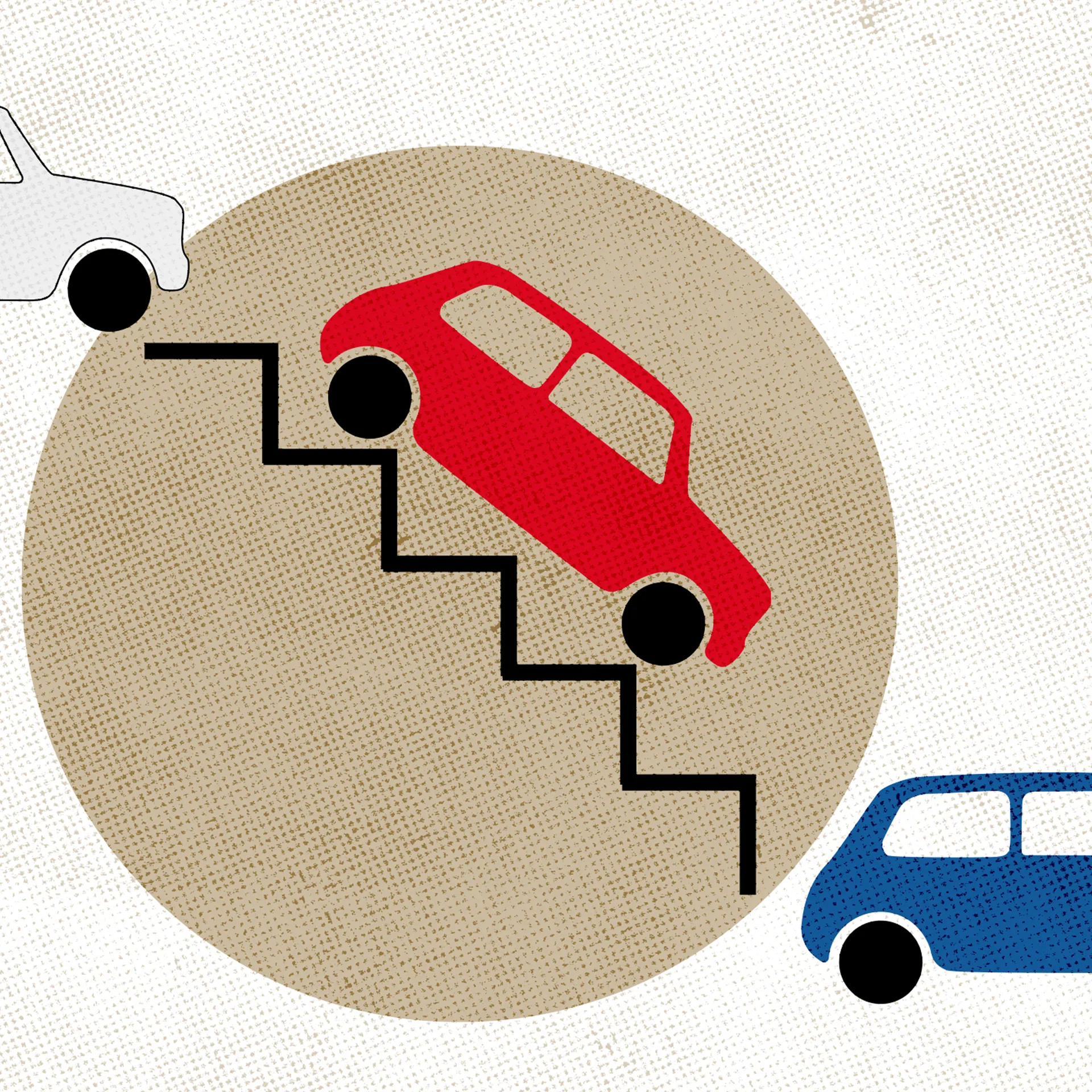 Close-up of a minimalist poster showing three Minis descending a simple zigzag staircase with a circle representing a tunnel.