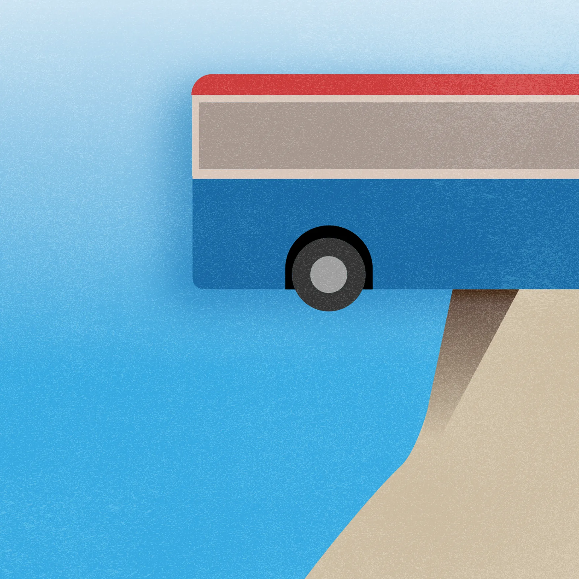 Close-up of a digitally illustrated coach teetering on the edge of a cliff, set against a blue sky backdrop.
