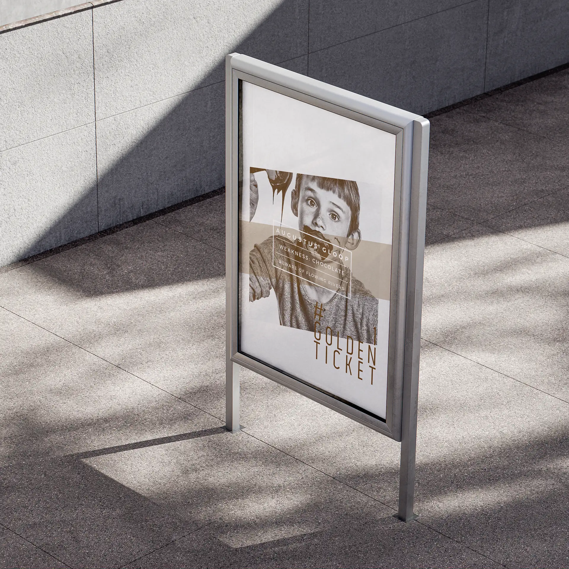 Poster stand featuring a boy representing Augustus Gloop with a chocolate-smeared mouth in sepia tones, with character details in a sans serif font in a central text box, set against a concrete backdrop.