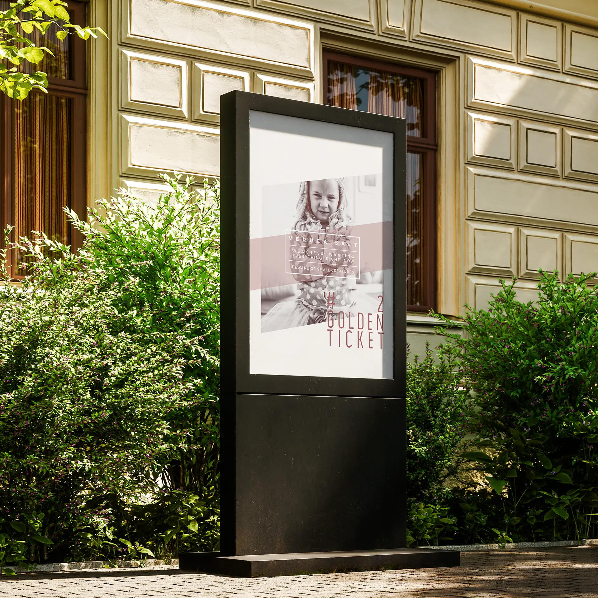 Black Poster stand featuring a girl representing Veruca Salt with folded arms and grumpy expression in pink tones, with character details in a sans serif font in a central text box, set among shrubbery near a library building.