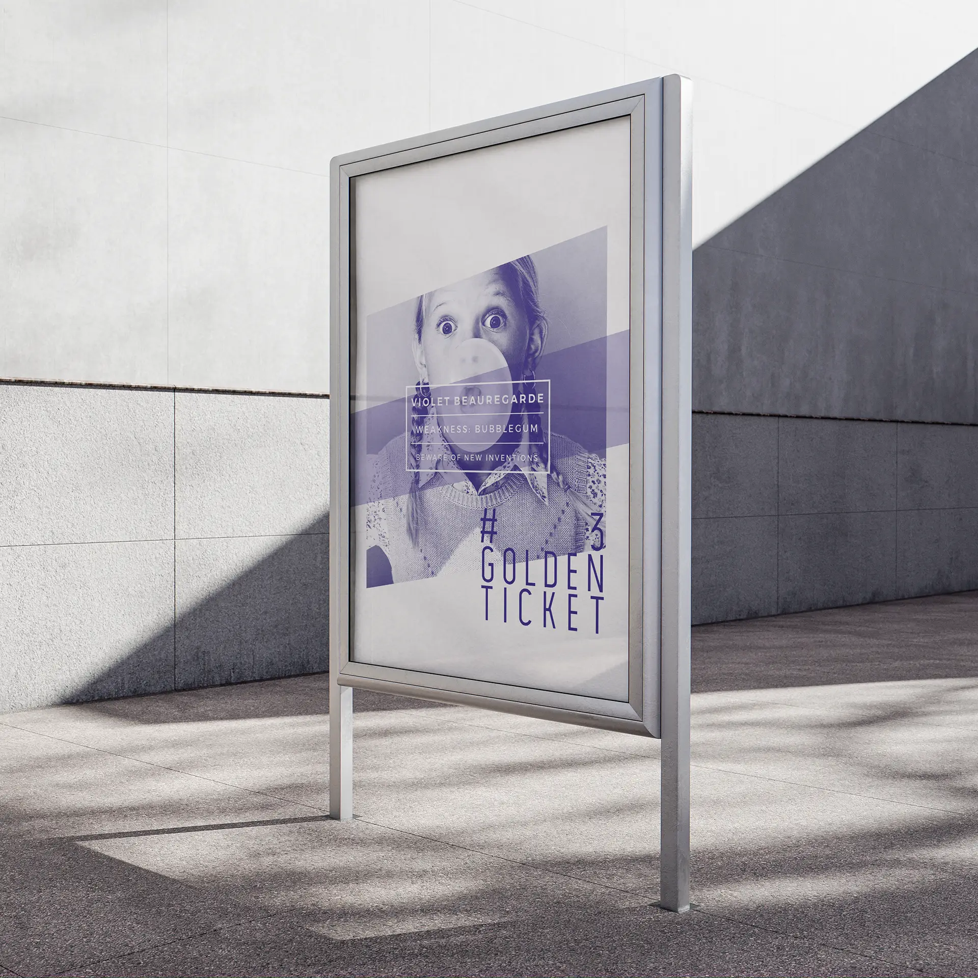 Poster stand featuring a girl representing Violet Beauregarde blowing a large bubblegum bubble in purple tones, with character details in a sans serif font in a central text box, set against a concrete backdrop.