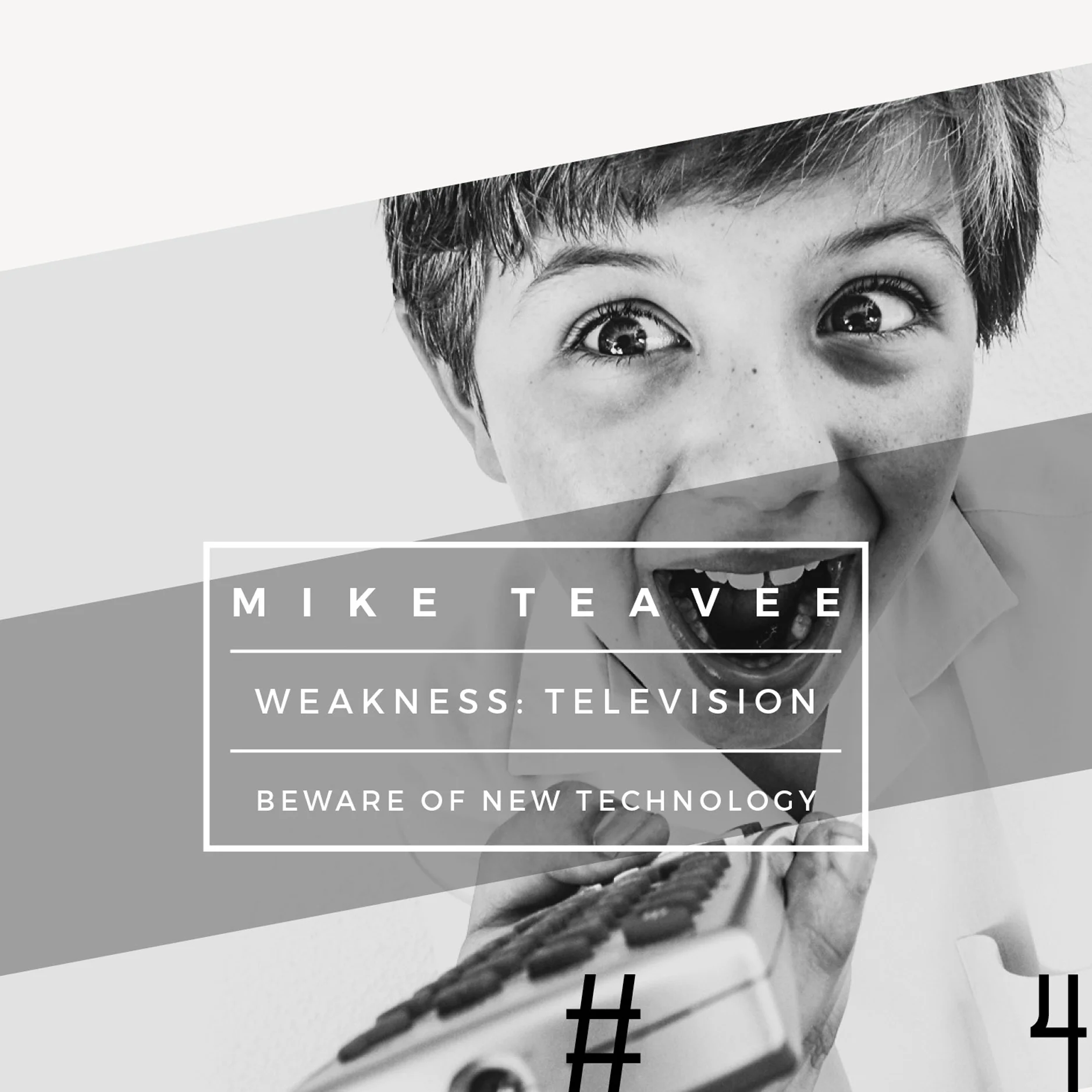 Close-up of a character poster featuring  a boy representing Mike Teavee holding a TV remote with a wacky expression in black and white, and character details in a sans serif font within a central text box.