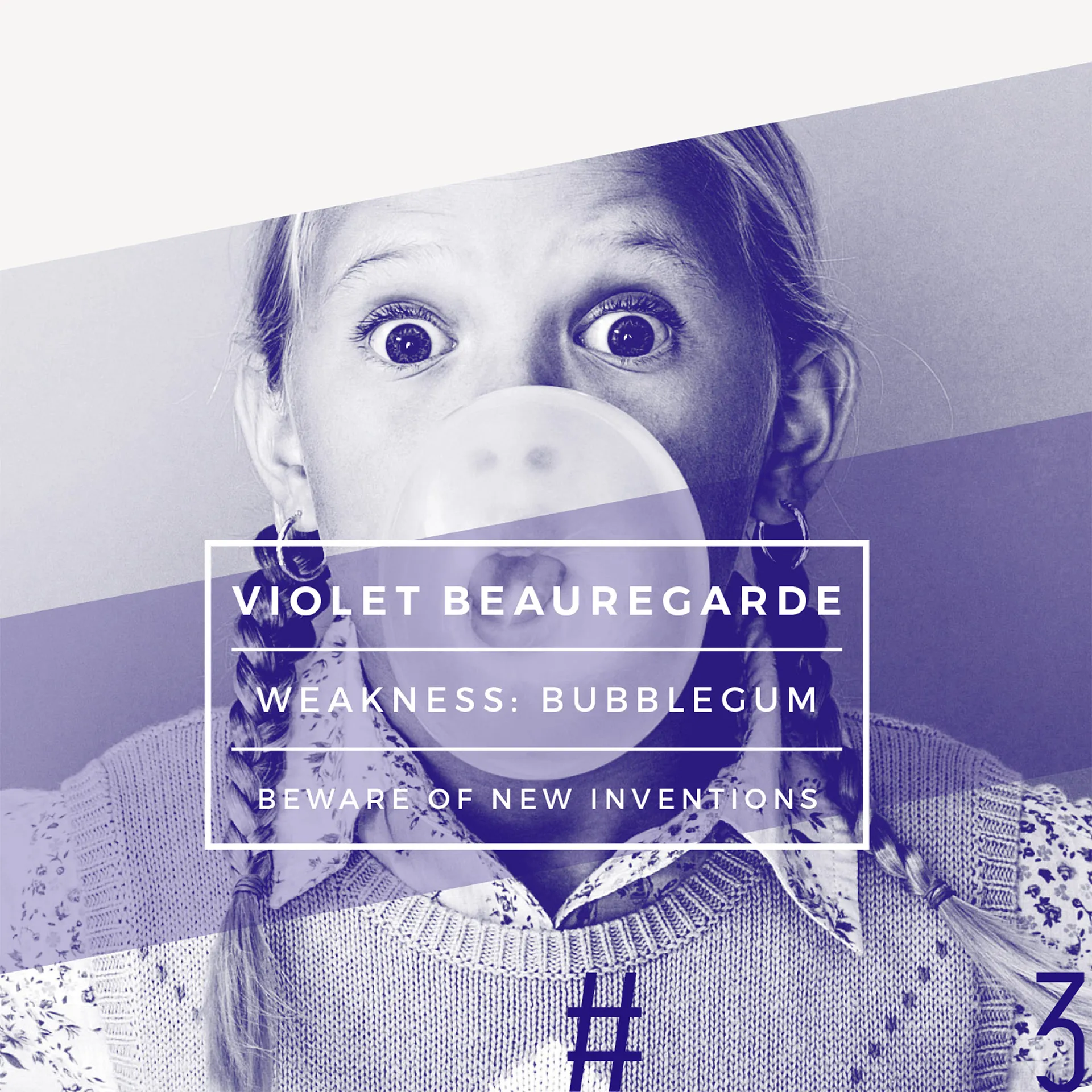 Close-up of a character poster featuring a girl representing Violet Beauregarde blowing a large bubblegum bubble in purple tones, and character details in a sans serif font within a central text box.