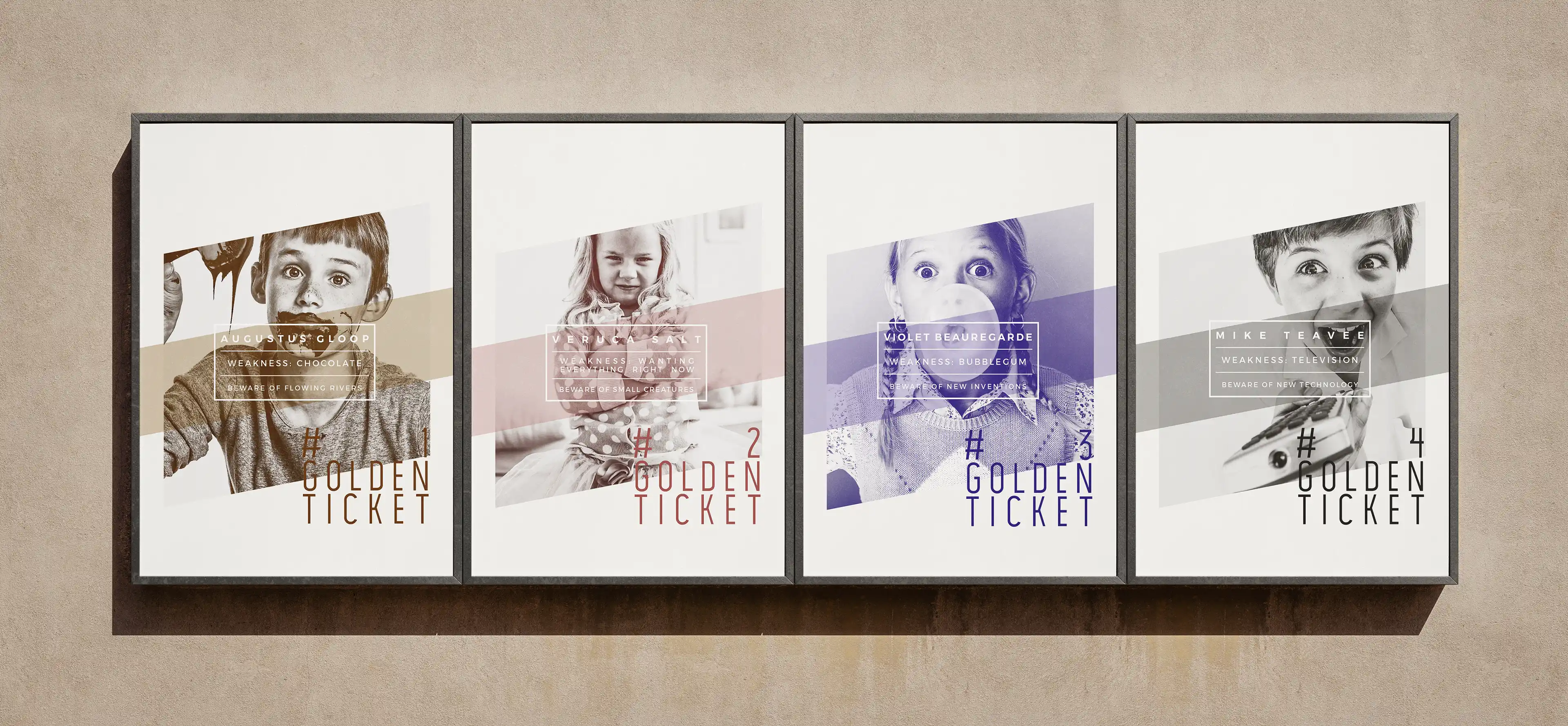 Four black poster frames side by side in a public space, showing the complete character poster collection with photos of children representing the first four Golden Ticket winners.